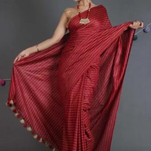 HOME Cloth9 Bhagalpuri Silk Saree with Golden Stripes and Tassel Detailing